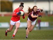 1 April 2018; Shauna Kelly of Cork in action against Siobhan Divilly of Galway during the Lidl Ladies Football National League Division 1 Round 7 match between Galway and Cork at Clonberne GAA Pitch in Ballinasloe, Co Galway. Photo by Eóin Noonan/Sportsfile
