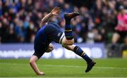 1 April 2018; Dan Leavy of Leinster celebrates after scoring his side's second try during the European Rugby Champions Cup quarter-final match between Leinster and Saracens at the Aviva Stadium in Dublin. Photo by Ramsey Cardy/Sportsfile