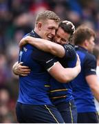 1 April 2018; Dan Leavy, left, of Leinster celebrates with team-mate Fergus McFadden after scoring his side's second try during the European Rugby Champions Cup quarter-final match between Leinster and Saracens at the Aviva Stadium in Dublin. Photo by Ramsey Cardy/Sportsfile