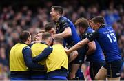 1 April 2018; Dan Leavy, second from left, of Leinster celebrates with team-mates including Luke McGrath and Jonathan Sexton after scoring his side's second try during the European Rugby Champions Cup quarter-final match between Leinster and Saracens at the Aviva Stadium in Dublin. Photo by Ramsey Cardy/Sportsfile