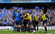 1 April 2018; Leinster players congratulate Dan Leavy after he scored their side's second try during the European Rugby Champions Cup quarter-final match between Leinster and Saracens at the Aviva Stadium in Dublin. Photo by David Fitzgerald/Sportsfile