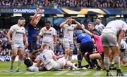 1 April 2018; Leinster players, from left, Jordi Murphy, Scott Fardy and Dan Leavy celebrate a try by James Lowe, hidden, during the European Rugby Champions Cup quarter-final match between Leinster and Saracens at the Aviva Stadium in Dublin. Photo by Ramsey Cardy/Sportsfile