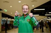 2 April 2018; Boxer Amy Broadhurst, who won a gold medal in the lightweight division at the European U22 Championships in Romania, pictured during the Team Ireland Boxing homecoming at Dublin Airport in Dublin. Photo by David Fitzgerald/Sportsfile