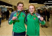 2 April 2018; Boxer Amy Broadhurst, right, who won a gold medal in the lightweight division, and Aoife O'Rourke, who won a silver medal in the middleweight division, at the European U22 Championships in Romania, pictured during the Team Ireland Boxing homecoming at Dublin Airport in Dublin. Photo by David Fitzgerald/Sportsfile
