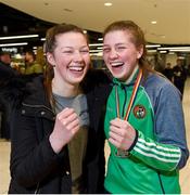 2 April 2018; Boxer Aoife O'Rourke, right, who won a silver medal in the middleweight division at the European U22 Championships in Romania, pictured with her sister Lisa during the Team Ireland Boxing homecoming at Dublin Airport in Dublin. Photo by David Fitzgerald/Sportsfile