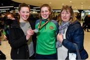 2 April 2018; Boxer Aoife O'Rourke, centre, who won a silver medal in the middleweight division at the European U22 Championships in Romania, pictured with her sister Lisa, left, and mother Anne during the Team Ireland Boxing homecoming at Dublin Airport in Dublin. Photo by David Fitzgerald/Sportsfile