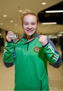 2 April 2018; Boxer Amy Broadhurst, who won a gold medal in the lightweight division at the European U22 Championships in Romania, pictured during the Team Ireland Boxing homecoming at Dublin Airport in Dublin. Photo by David Fitzgerald/Sportsfile