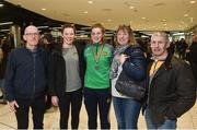 2 April 2018; Boxer Aoife O'Rourke, centre, who won a silver medal in the middleweight division at the European U22 Championships in Romania, pictured with, from left, father Kevin, sister Lisa, mother Anne and coach Paddy Sharkey during the Team Ireland Boxing homecoming at Dublin Airport in Dublin. Photo by David Fitzgerald/Sportsfile