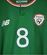 2 April 2018; The jersey assigned to Tiegan Ruddy of Republic of Ireland hangs in the dressing room ahead of the UEFA Women's 19 European Championship Elite Round Qualifier match between Republic of Ireland and Austria at Turners Cross in Cork. Photo by Eóin Noonan/Sportsfile