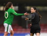 2 April 2018; Megan Mackey of Republic of Ireland protests to referee Justina Lavrenovaite during the UEFA Women's 19 European Championship Elite Round Qualifier match between Republic of Ireland and Austria at Turners Cross in Cork. Photo by Eóin Noonan/Sportsfile