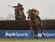 2 April 2018; Bellshill, right, with David Mullins up, jumps the last ahead of winner General Principle, behind, with JJ Slevin up, on their way to finishing fourth in the BoyleSports Irish Grand National Steeplechase on Day 2 of the Fairyhouse Easter Festival at Fairyhouse Racecourse in Meath. Photo by Seb Daly/Sportsfile