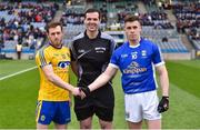 1 April 2018; Referee Seán Hurson with team captains Conor Devaney of Roscommon and Dara McVeety of Cavan before the Allianz Football League Division 2 Final match between Cavan and Roscommon at Croke Park in Dublin. Photo by Piaras Ó Mídheach/Sportsfile