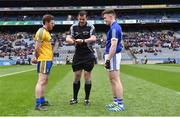 1 April 2018; Referee Seán Hurson with team captains Conor Devaney of Roscommon and Dara McVeety of Cavan before the Allianz Football League Division 2 Final match between Cavan and Roscommon at Croke Park in Dublin. Photo by Piaras Ó Mídheach/Sportsfile