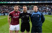 1 April 2018; Referee Anthony Nolan with team captains Damien Comer of Galway and Stephen Cluxton of Dublin before the Allianz Football League Division 1 Final match between Dublin and Galway at Croke Park in Dublin. Photo by Piaras Ó Mídheach/Sportsfile