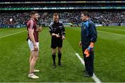 1 April 2018; Referee Anthony Nolan with team captains Damien Comer of Galway and Stephen Cluxton of Dublin before the Allianz Football League Division 1 Final match between Dublin and Galway at Croke Park in Dublin. Photo by Piaras Ó Mídheach/Sportsfile