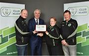 4 April 2018; FAI Chief Executive John Delaney presents an FAI Club Mark Entry Level Award to Gweedore Celtic, Derrybeg, Co. Donegal, representatives, from left, Hugh Gallagher, Fiona McEntee and Johnny Coll, during the FAI Club Mark launch at the FAI HQ in Abbotstown, Dublin. Photo by Seb Daly/Sportsfile