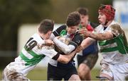 4 April 2018; Fionn O'Hara of Midlands is tackled by Paul Deeney and Diarmuid Deacon of South East during the Shane Horgan Cup 5th Round match between South East and Midlands at Tullow RFC in Tullow, Co Carlow. Photo by Matt Browne/Sportsfile