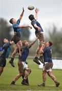 4 April 2018; Sean Walsh of Metro takes the ball in the lineout against Killian Hanley of North Midlands during the Shane Horgan Cup 5th Round match between North Midlands and Metro at Tullow RFC in Tullow, Co Carlow. Photo by Matt Browne/Sportsfile