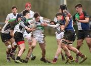 4 April 2018; Jack Hanlon of South East is tackled by Stephen Joyce and Fionn O'Hara of Midlands during the Shane Horgan Cup 5th Round match between South East and Midlands at Tullow RFC in Tullow, Co Carlow. Photo by Matt Browne/Sportsfile