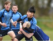 4 April 2018; Thai Bao Tran of Metro is tackled by Senan Brannock of North Midlands during the Shane Horgan Cup 5th Round match between North Midlands and Metro at Tullow RFC in Tullow, Co Carlow. Photo by Matt Browne/Sportsfile