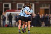 4 April 2018; Sarah Woodmartin of UCD, left, and team mate Roisin Crowe celebrate their side's first try scored by Christine Coffey during the Annual Women’s Rugby Colours Match 2018 match between Dublin University FC and UCD at College Park in Trinity College, Dublin. Photo by David Fitzgerald/Sportsfile