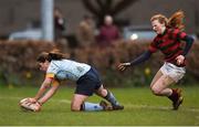 4 April 2018; Heather Cullen of UCD score her side's second try during the Annual Women’s Rugby Colours Match 2018 match between Dublin University FC and UCD at College Park in Trinity College, Dublin. Photo by David Fitzgerald/Sportsfile