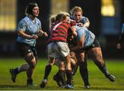 4 April 2018; Sarah Glynn of UCD is tackled by Catherine Liney of DUFC during the Annual Women’s Rugby Colours Match 2018 match between Dublin University FC and UCD at College Park in Trinity College, Dublin. Photo by David Fitzgerald/Sportsfile