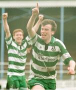 3 April 1994; Peter Eccles of Shamrock Rovers celebrates during the Bord Gáis National League match between Shamrock Rovers and Cork City at the RDS in Dublin. Photo by Sportsfile.