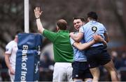 5 April 2018; Patrick Patterson, 9, is congratulated by his UCD team-mate Ronan Foley after scoring their side's opening try during the Annual Rugby Colours Match 2018 match between UCD and Trinity at College Park in Trinity College, Dublin. Photo by Stephen McCarthy/Sportsfile