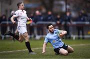 5 April 2018; Patrick Patterson of UCD goes over to score his side's first try during the Annual Rugby Colours Match 2018 match between UCD and Trinity at College Park in Trinity College, Dublin. Photo by Stephen McCarthy/Sportsfile