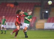 5 April 2018; Saoirse Noonan of Republic of Ireland in action against Berta Pujadas of Spain during the UEFA Women's U19 European Championship Elite Round Qualifier match between Spain and Republic of Ireland at Turners Cross in Cork. Photo by Eóin Noonan/Sportsfile