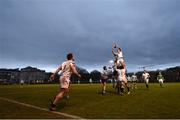 5 April 2018; Jack Burke of Trinity fails to claim possession during the Annual Rugby Colours Match 2018 match between UCD and Trinity at College Park in Trinity College, Dublin. Photo by Stephen McCarthy/Sportsfile