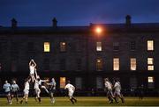 5 April 2018; Jack Burke of Trinity takes possession in a lineout during the Annual Rugby Colours Match 2018 match between UCD and Trinity at College Park in Trinity College, Dublin. Photo by Stephen McCarthy/Sportsfile