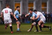 5 April 2018; Stephen McVeigh of UCD is tackled by James Bollard of Trinity during the Annual Rugby Colours Match 2018 match between UCD and Trinity at College Park in Trinity College, Dublin. Photo by Stephen McCarthy/Sportsfile