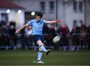 5 April 2018; Harry Byrne of UCD kicks a conversion during the Annual Rugby Colours Match 2018 match between UCD and Trinity at College Park in Trinity College, Dublin. Photo by Stephen McCarthy/Sportsfile