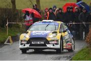 6 April 2018; Josh Moffett and Andy Hayes, in a Ford Fiesta R5, during Day One of the 2018 UAC Easter Stages rally, round two of the Irish Tarmac rally championship, at Special Stage 1, Lady Hill/Ballyclare, in Co. Antrim. Photo by Philip Fitzpatrick/Sportsfile