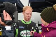6 April 2018; Sam Moffett, competing in a Ford Fiesta R5, interviewed during Day One of the 2018 UAC Easter Stages rally, round two of the Irish Tarmac rally championship, at Special Stage 1, Lady Hill/Ballyclare, in Co. Antrim. Photo by Philip Fitzpatrick/Sportsfile