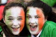 6 April 2018; Republic of Ireland supporters Aislinn Pender, left, and Bethany Meade, from Cobh, Co Cork, prior to the 2019 FIFA Women's World Cup Qualifier match between Republic of Ireland and Slovakia at Tallaght Stadium in Tallaght, Dublin. Photo by Stephen McCarthy/Sportsfile