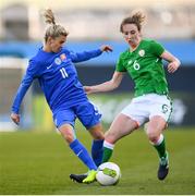 6 April 2018; Patrícia Hmírová of Slovakia in action against Karen Duggan of Republic of Ireland during the 2019 FIFA Women's World Cup Qualifier match between Republic of Ireland and Slovakia at Tallaght Stadium in Tallaght, Dublin. Photo by Stephen McCarthy/Sportsfile