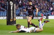 6 April 2018; Darren Cave of Ulster scores his side's first try during the Guinness PRO14 Round 19 match between Edinburgh and Ulster at BT Murrayfield in Edinburgh, Scotland. Photo by Paul Devlin/Sportsfile