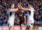 6 April 2018; Darren Cave, left, of Ulster celebrates with team-mate Jacob Stockdale after scoring his side's first try during the Guinness PRO14 Round 19 match between Edinburgh and Ulster at BT Murrayfield in Edinburgh, Scotland. Photo by Paul Devlin/Sportsfile