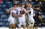 6 April 2018; Charles Piutau, left, of Ulster celebrates with team-mates after scoring his side's second try during the Guinness PRO14 Round 19 match between Edinburgh and Ulster at BT Murrayfield in Edinburgh, Scotland. Photo by Paul Devlin/Sportsfile