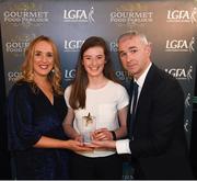 6 April 2018; Eva Gilmore of Royal College of Surgeons, Co Dublin, receiving her Gourmet Food Parlour LGFA HEC Rising Star Award from Donal Barry, Chairperson Ladies HEC, and Lorraine Heskin, MD Gourmet Food Parlour, at the Croke Park Hotel on Friday, April 6th. The Gourmet Food Parlour LGFA HEC Rising Stars recognised the best performers in the fourth, fifth and sixth tier competitions. GFP O’Connor Cup weekend was recently hosted by IT Blanchardstown and the GAA’s National Games Development Centre in Abbotstown. The Croke Park Hotel in Dublin, Jones' Road, Dublin. Photo by David Fitzgerald/Sportsfile