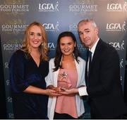 6 April 2018; Caoileann Conway of Ulster University Coleraine, Co Derry, receiving her Gourmet Food Parlour LGFA HEC Rising Star Award from Donal Barry, Chairperson Ladies HEC, and Lorraine Heskin, MD Gourmet Food Parlour, at the Croke Park Hotel on Friday, April 6th. The Gourmet Food Parlour LGFA HEC Rising Stars recognised the best performers in the fourth, fifth and sixth tier competitions. GFP O’Connor Cup weekend was recently hosted by IT Blanchardstown and the GAA’s National Games Development Centre in Abbotstown. The Croke Park Hotel in Dublin, Jones' Road, Dublin. Photo by David Fitzgerald/Sportsfile