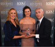 6 April 2018; Emma Kevany of Dublin City University, Co Dublin, receiving her Gourmet Food Parlour LGFA HEC Rising Star Award from Donal Barry, Chairperson Ladies HEC, and Lorraine Heskin, MD Gourmet Food Parlour, at the Croke Park Hotel on Friday, April 6th. The Gourmet Food Parlour LGFA HEC Rising Stars recognised the best performers in the fourth, fifth and sixth tier competitions. GFP O’Connor Cup weekend was recently hosted by IT Blanchardstown and the GAA’s National Games Development Centre in Abbotstown. The Croke Park Hotel in Dublin, Jones' Road, Dublin. Photo by David Fitzgerald/Sportsfile