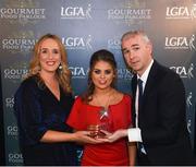 6 April 2018; Aoibheann Jones of St Mary's Belfast, Co Antrim, receiving her Gourmet Food Parlour LGFA HEC Rising Star Award from Donal Barry, Chairperson Ladies HEC, and Lorraine Heskin, MD Gourmet Food Parlour, at the Croke Park Hotel on Friday, April 6th. The Gourmet Food Parlour LGFA HEC Rising Stars recognised the best performers in the fourth, fifth and sixth tier competitions. GFP O’Connor Cup weekend was recently hosted by IT Blanchardstown and the GAA’s National Games Development Centre in Abbotstown. The Croke Park Hotel in Dublin, Jones' Road, Dublin. Photo by David Fitzgerald/Sportsfile