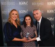 6 April 2018; Melissa Duggan of Royal College of Surgeons, Co Dublin, receiving her Gourmet Food Parlour LGFA HEC Rising Star Award from Donal Barry, Chairperson Ladies HEC, and Lorraine Heskin, MD Gourmet Food Parlour, at the Croke Park Hotel on Friday, April 6th. The Gourmet Food Parlour LGFA HEC Rising Stars recognised the best performers in the fourth, fifth and sixth tier competitions. GFP O’Connor Cup weekend was recently hosted by IT Blanchardstown and the GAA’s National Games Development Centre in Abbotstown. The Croke Park Hotel in Dublin, Jones' Road, Dublin. Photo by David Fitzgerald/Sportsfile