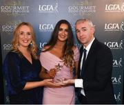 6 April 2018; Méabh McGleenan of St Mary's Belfast, Co Antrim, receiving her Gourmet Food Parlour LGFA HEC Rising Star Award from Donal Barry, Chairperson Ladies HEC, and Lorraine Heskin, MD Gourmet Food Parlour, at the Croke Park Hotel on Friday, April 6th. The Gourmet Food Parlour LGFA HEC Rising Stars recognised the best performers in the fourth, fifth and sixth tier competitions. GFP O’Connor Cup weekend was recently hosted by IT Blanchardstown and the GAA’s National Games Development Centre in Abbotstown. The Croke Park Hotel in Dublin, Jones' Road, Dublin. Photo by David Fitzgerald/Sportsfile