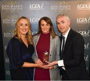 6 April 2018; Katelyn O'Sullivan of Institute of Technology, Tallaght, Co Dublin, receiving her Gourmet Food Parlour LGFA HEC Rising Star Award from Donal Barry, Chairperson Ladies HEC, and Lorraine Heskin, MD Gourmet Food Parlour, at the Croke Park Hotel on Friday, April 6th. The Gourmet Food Parlour LGFA HEC Rising Stars recognised the best performers in the fourth, fifth and sixth tier competitions. GFP O’Connor Cup weekend was recently hosted by IT Blanchardstown and the GAA’s National Games Development Centre in Abbotstown. The Croke Park Hotel in Dublin, Jones' Road, Dublin. Photo by David Fitzgerald/Sportsfile