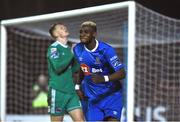6 April 2018; Izzy Akinade of Waterford FC celebrates after his side's second goal, scored by team-mate Courtney Duffus, during the SSE Airtricity League Premier Division match between Waterford FC and Cork City at the RSC in Waterford. Photo by Matt Browne/Sportsfile